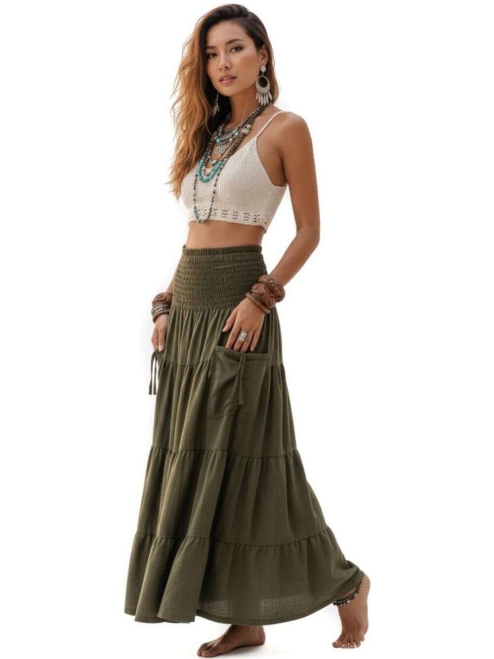 Boho Maxi Skirt with Pockets | Long Cotton Hippie Gypsy Skirt | Elastic Waist